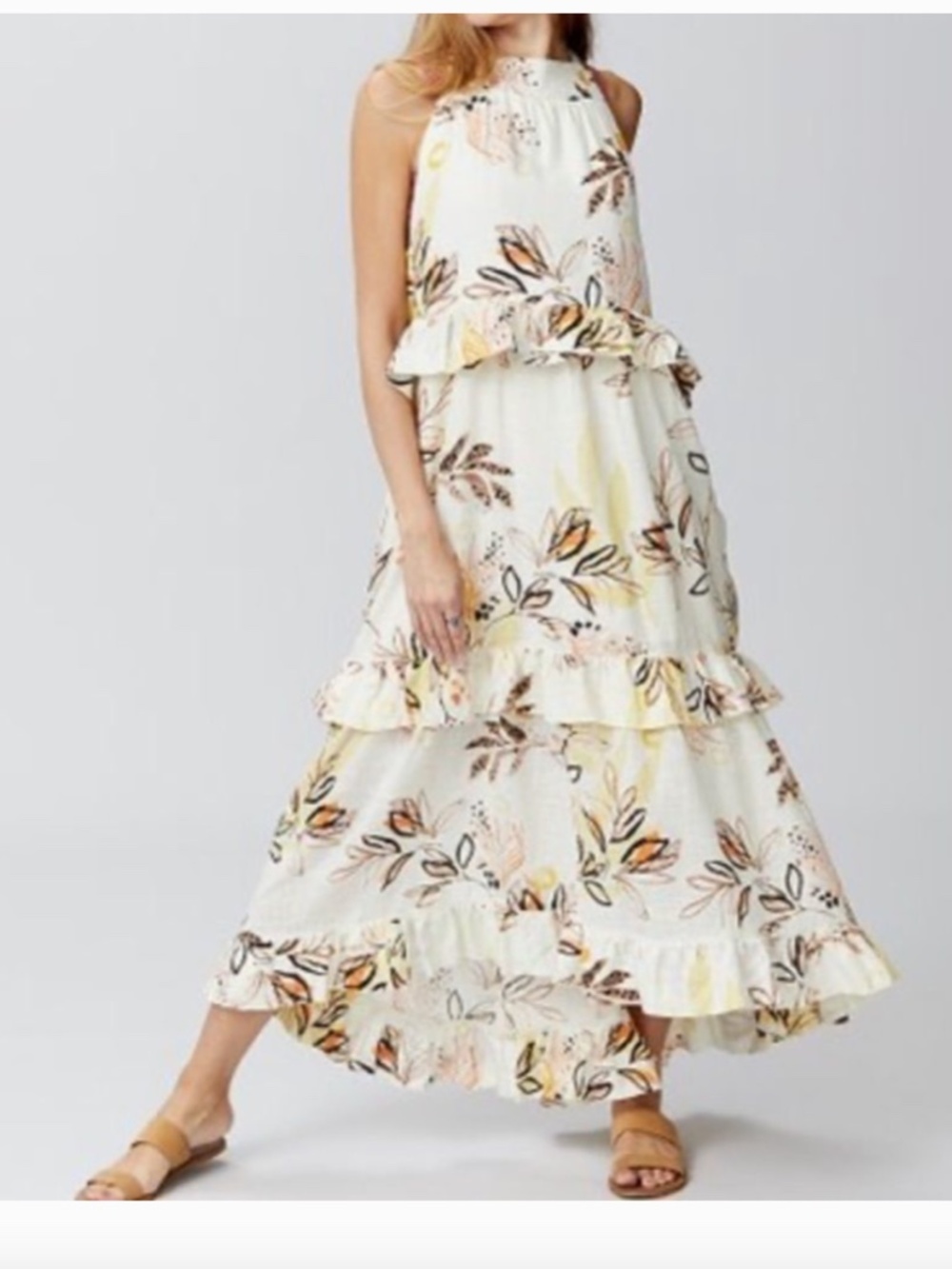 Free People Anita Printed Tiered Maxi Dress, Ivory Combo, Medium, Boho Festival